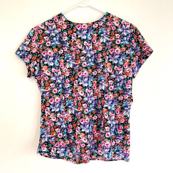 VINTAGE J H COLLECTIBLES Black Pink Multi Floral Short Sleeve Blouse PETITE 6P - Picture 1 of 9